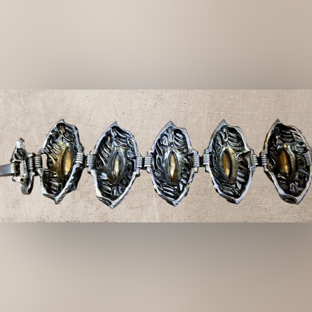 Heavy 7" Victorian Revival Unsigned Selro Bracelet With Amber Stones & Pearls - Picture 3 of 6